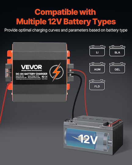 Vevor Battery Charger 12V 30A DC DC 375W On-board Lead-acid Lithium AGM Gel Flooded Smart Charging Multi-stage RV Professional Vehicles Boats Yachts