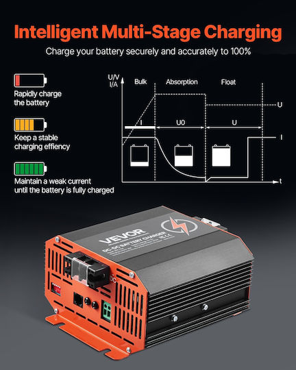 Vevor Battery Charger 12V 30A DC DC 375W On-board Lead-acid Lithium AGM Gel Flooded Smart Charging Multi-stage RV Professional Vehicles Boats Yachts