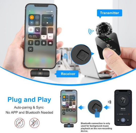 Безжичен Микрофон За Ревер Puluz Iphone Ipad Приемник 8 Пина Черен