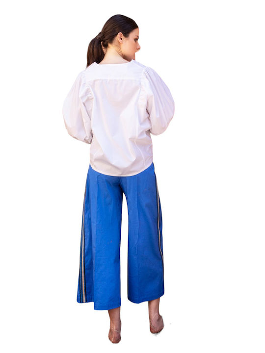 Pantaloni largi Aggel W din poplin cu detalii tricotate SS44007KF-1073 albastru