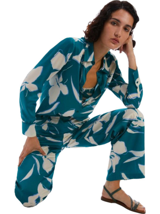 Women's Fabric Trousers Floral Blue