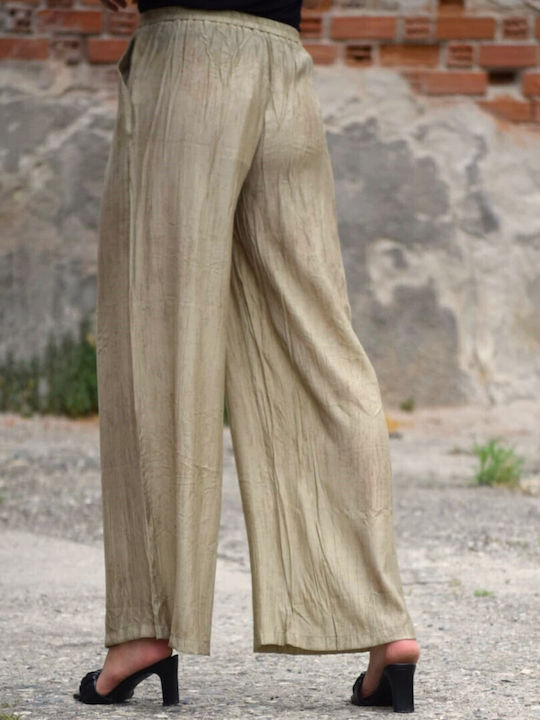 Women's High-waisted Fabric Trousers with Elastic in Loose Fit Beige