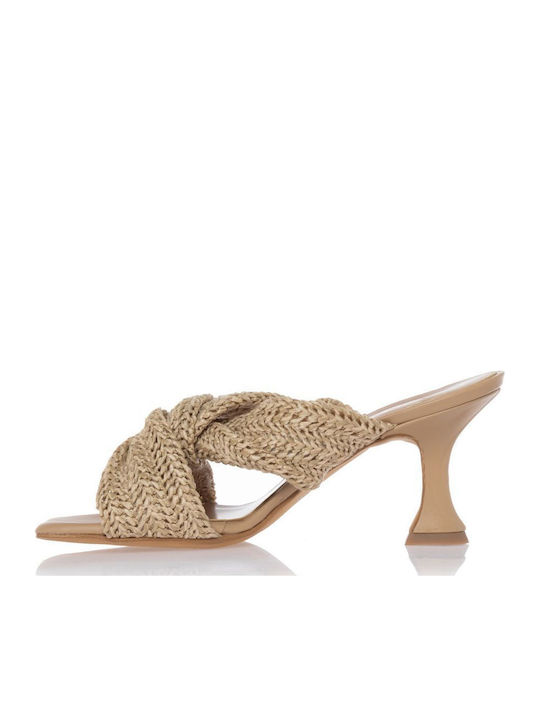 Leder Mules mit Niedrig Absatz in Beige Farbe