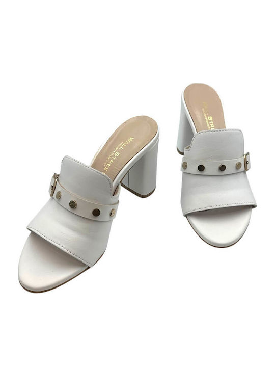Leather Mules with High Heel in White Color