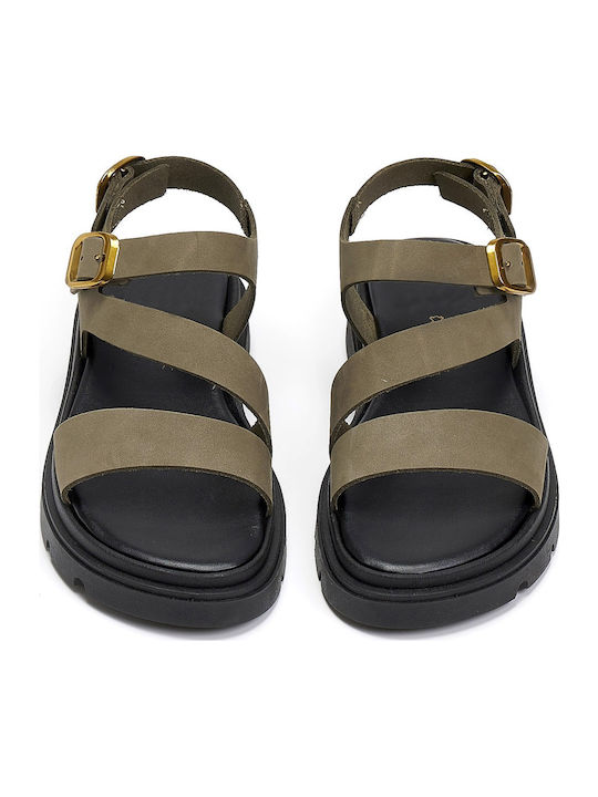 Leather Women's Flat Sandals Flatforms in Khaki Color