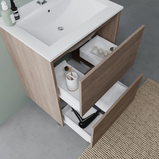 Savinidue Waschtisch mit Waschbecken & Spiegel mit Licht Melamin Natural