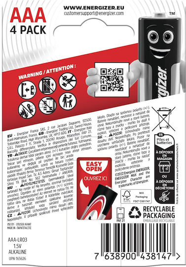 Energizer Max Алкални Батерии AAA 1.5V 4бр