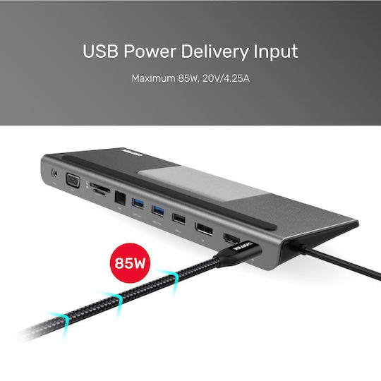 Unitek USB-C Docking Station με HDMI/DisplayPort 4K PD και σύνδεση 2 Οθονών Ασημί (D1022A)