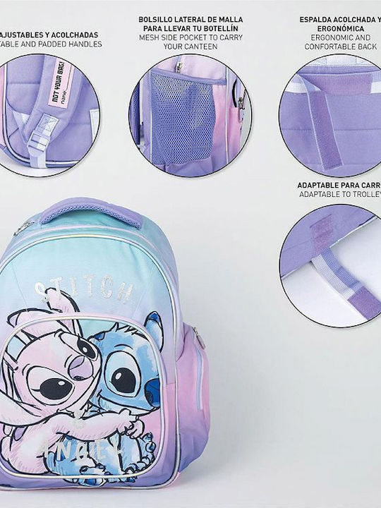 Cerda Disney Stitch School Bag Backpack Elementary, Elementary Lilac with Water Bottle Holder