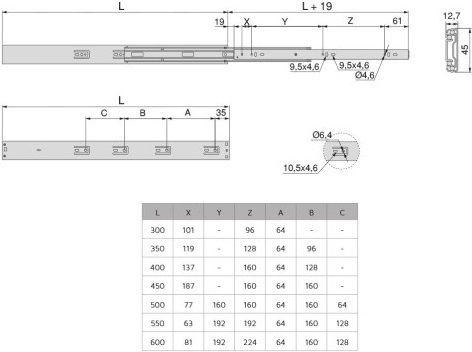 Emuca Drawer Guide Brake & Push Telescopic Ball Bearing Nickel 35kg 223-4302505#40