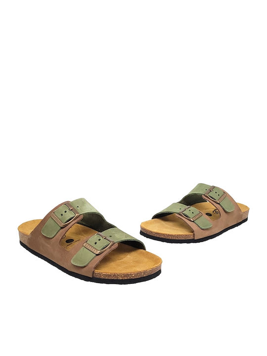 Beta Leder Flache Sandalen Für Damen Braun / Grün