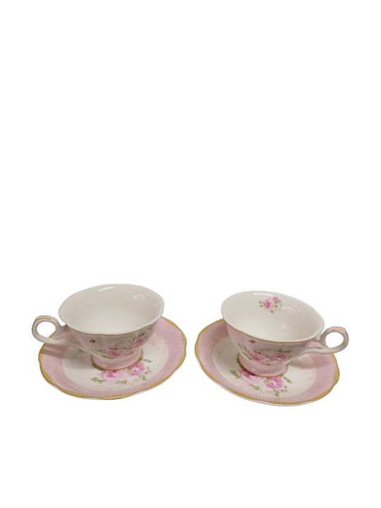 Karvounis English Floral Flowers Set Tassen Kaffee aus Porzellan Rosa 2Stück