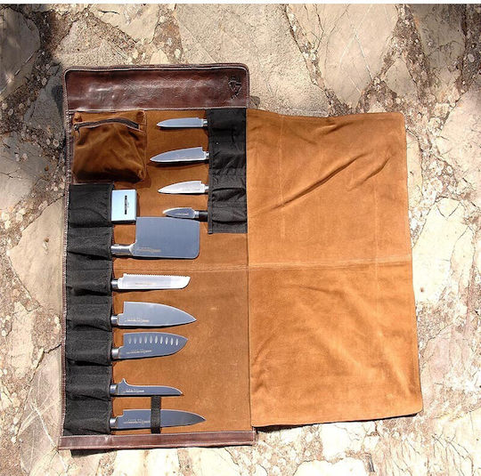 Chef Knife Bag 100% Leather Brown Canvas Olive Dimensions 74x54.5cm