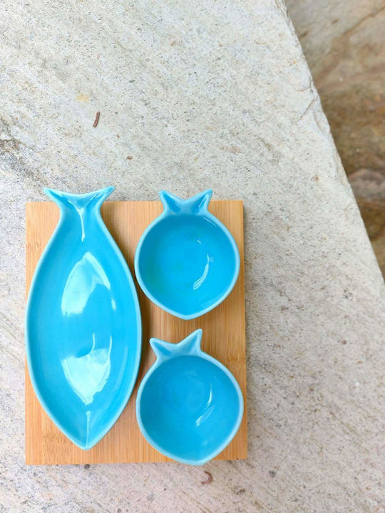 Marva Ceramic Dessert Divided Serving Tray with 3 Slots Turquoise 19.5x16.5cm 3pcs