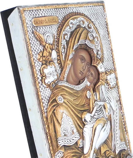 Heilige Maria Glykofilousa Silberne Heiligenikone Mit Gold 18x14cm