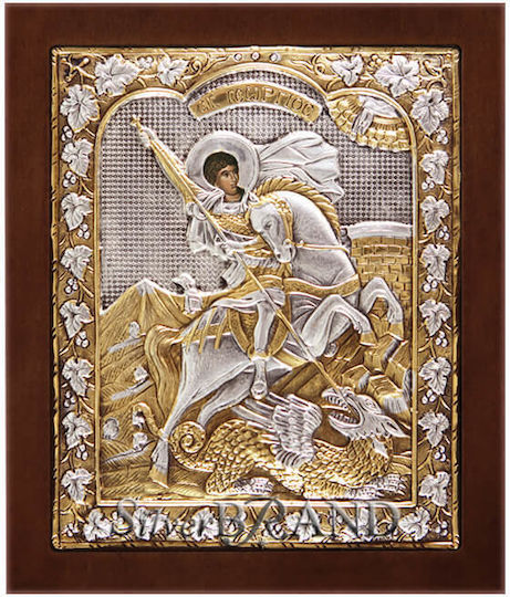 St. Georg Silberne Heiligenikone 24x20cm mit Goldauflage