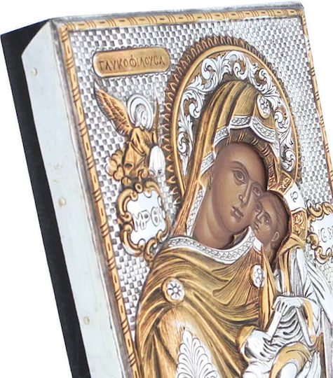 Heilige Maria Glykofilousa Silberne Heiligenikone Mit Gold 18x14cm