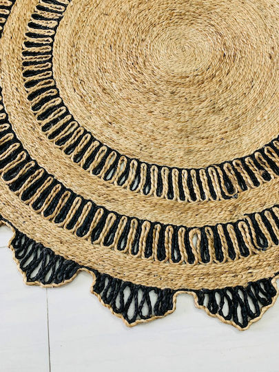 Runder Wohnzimmer Teppich 160x160 Mumbai Abr05 Natürliche Schwarz 100% Natürliche Jute