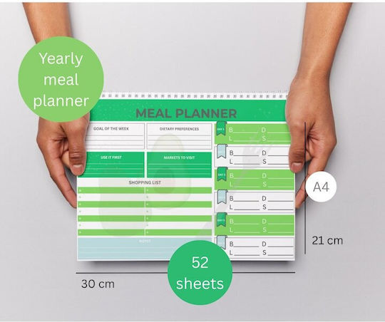 Agenda Planificator de Mese în Engleză Organizator Complet Mese Săptămânale Listă de Cumpărături Spirală 52 Pagini A4 Verde