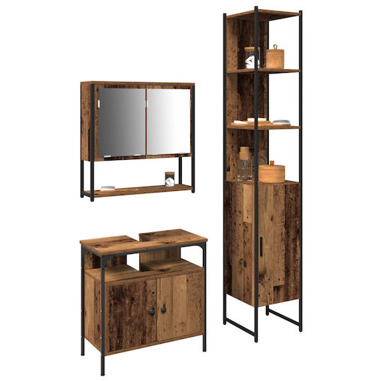 vidaXL Blat cu Lavoar, Oglindă & Coloană Old Wood