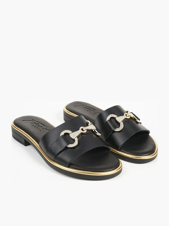 Leather Women's Flat Sandals in Black Color