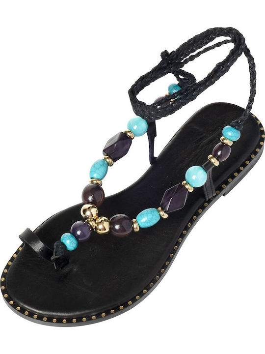 Leather Women's Flat Sandals in Black Color