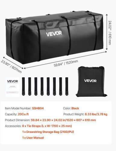 Vevor Hitch Cargo Carrier Bag 59.84 X 23.9 X 24.02 In 20 Cu.ft 8 Straps