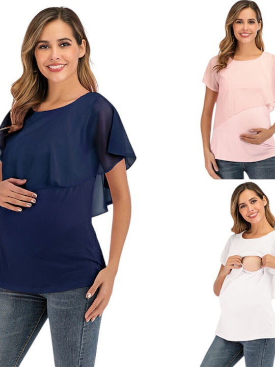 Blue Short Sleeve Nursing-Maternity Top Basic Neckline Summer 2025 Queen Mother
