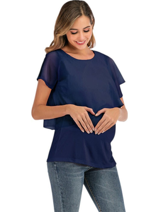 Blue Short Sleeve Nursing-Maternity Top Basic Neckline Summer 2025 Queen Mother