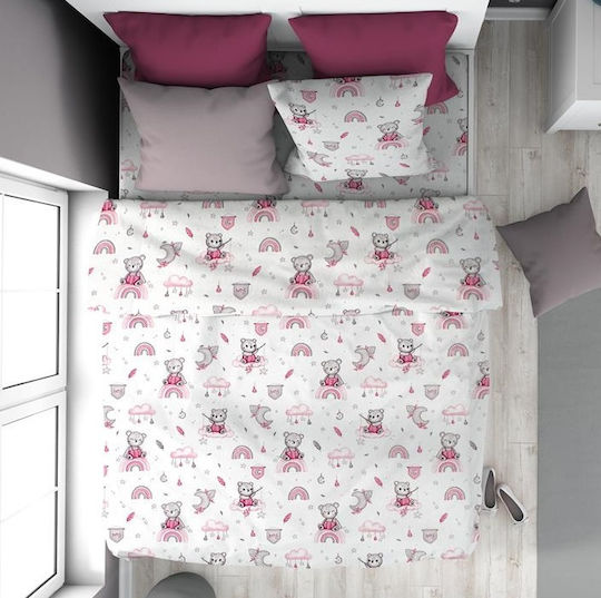 24home.gr Σετ Σεντόνια Μονά Βαμβακερά White-pink 160x240cm 2τμχ