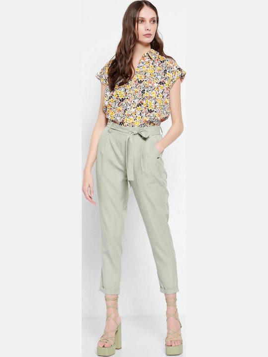 FBL007-10502 Women's High-waisted Fabric Capri Trousers with Elastic Regular Fit Light Green
