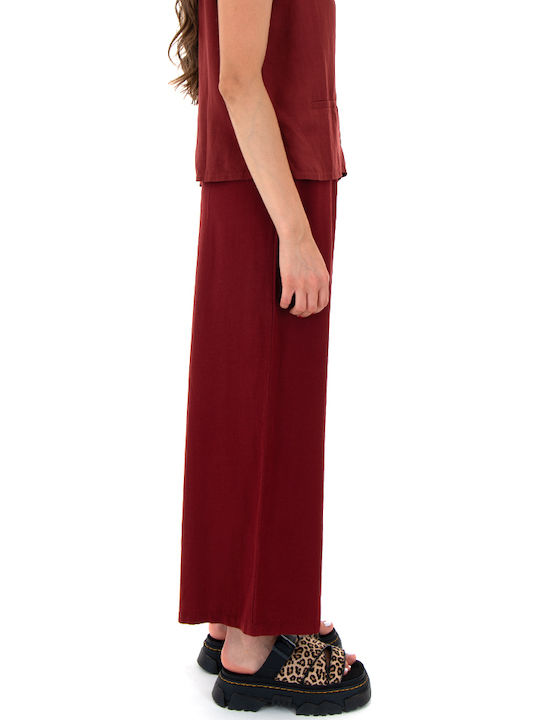 Women's High-waisted Fabric Trousers with Elastic in Loose Fit Bordeaux