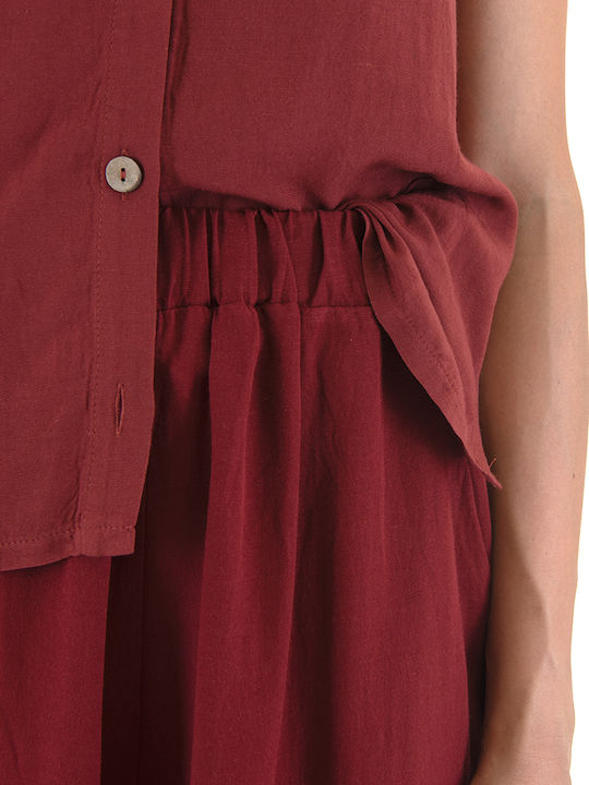 Women's High-waisted Fabric Trousers with Elastic in Loose Fit Bordeaux