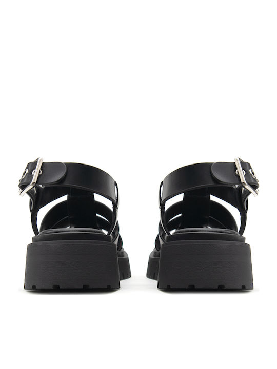 Leather Women's Flat Sandals in Black Color