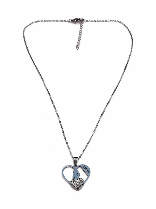 Necklace Stainless Steel Heart Mom Baby Mom White Crystals Silver Bz-nk-00351