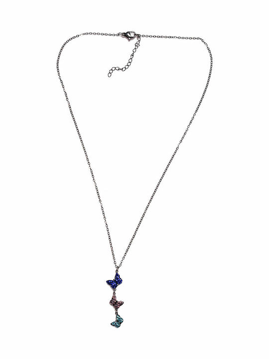 Steel Necklace Stainless Steel Butterflies Crystals Silver Bz-nk-00346