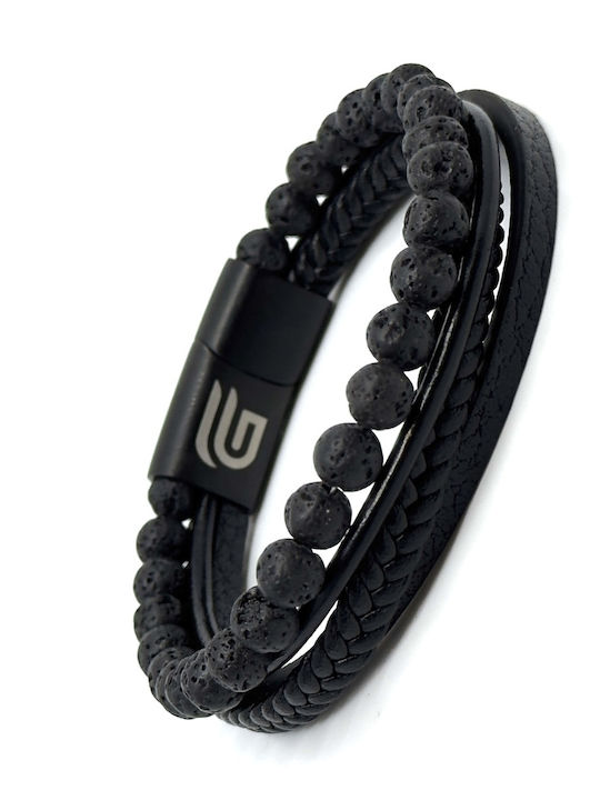 Leather Bracelet 21 Cm Stainless Steel Black Volcanic Stones