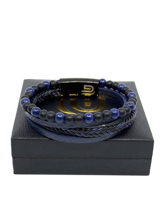 Blue Leather Bracelet Stainless Steel Volcanic Stones