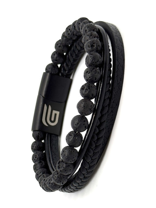 Leather Bracelet 21 Cm Stainless Steel Black Volcanic Stones