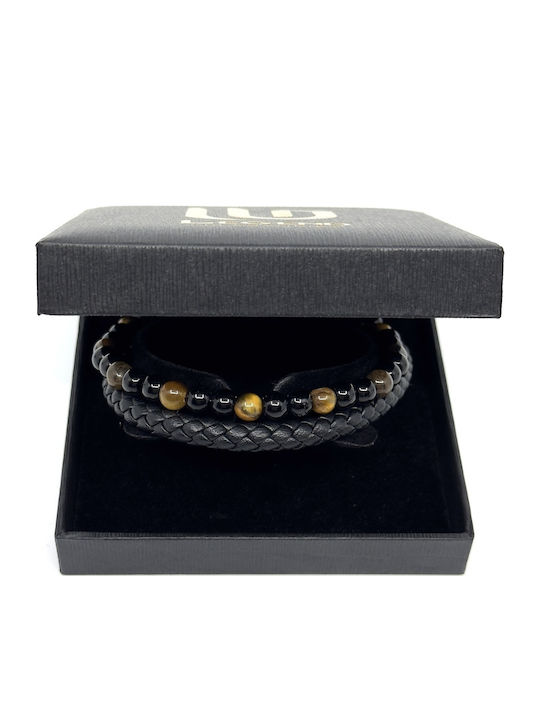Tiger Eye Δερμάτινο Βραχιόλι Ανοξείδωτο Ατσάλι Ηφαιστειακές Πέτρες