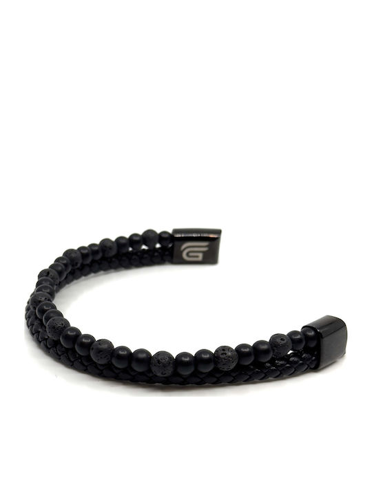 Lederarmband Edelstahl Schwarz Häftige Vulkansteine