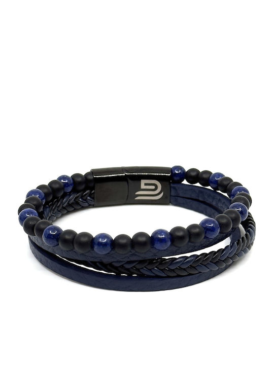 Blue Leather Bracelet Stainless Steel Volcanic Stones