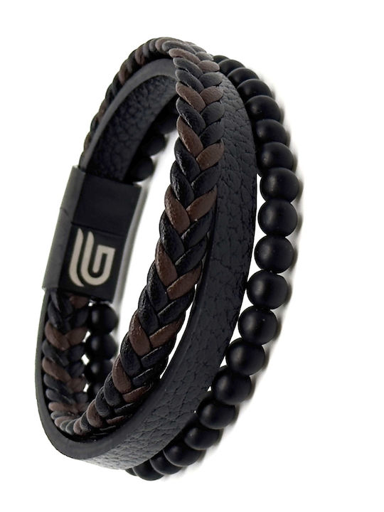 Leather Bracelet Stainless Steel Black Natural Stones