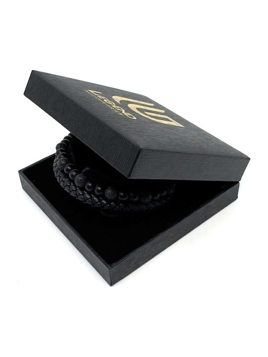 Lederarmband Edelstahl Schwarz Häftige Vulkansteine