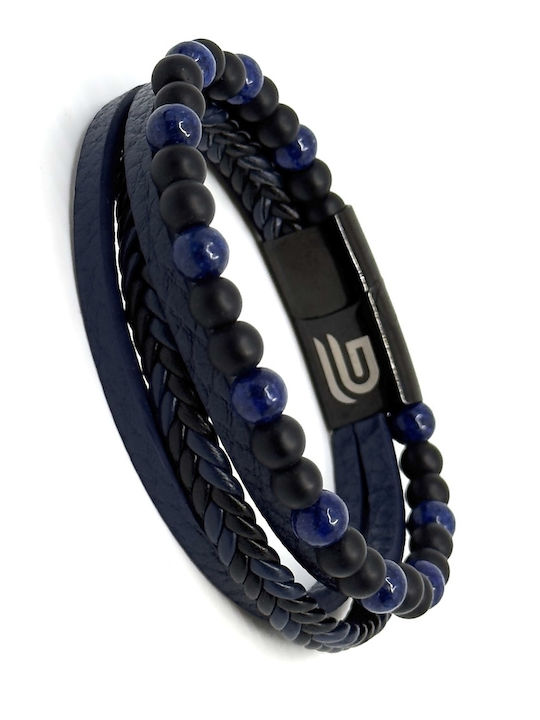 Blue Leather Bracelet Stainless Steel Volcanic Stones