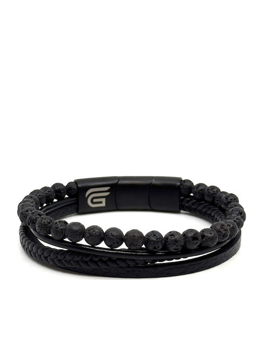 Leather Bracelet 21 Cm Stainless Steel Black Volcanic Stones
