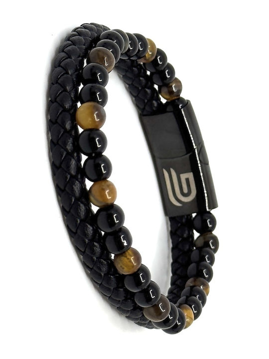 Tiger Eye Δερμάτινο Βραχιόλι Ανοξείδωτο Ατσάλι Ηφαιστειακές Πέτρες