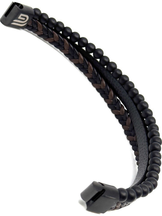 Leather Bracelet Stainless Steel Black Natural Stones