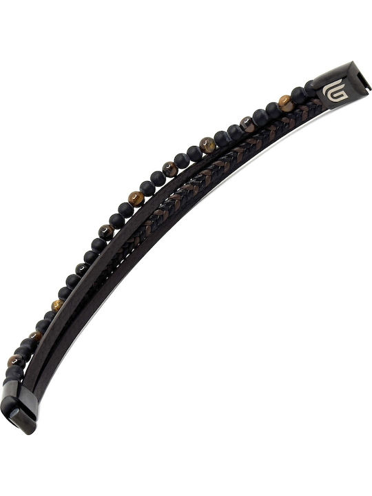 Brown Leather Bracelet Stainless Steel Volcanic Stones