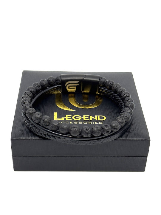 Leather Bracelet 21 Cm Stainless Steel Black Volcanic Stones